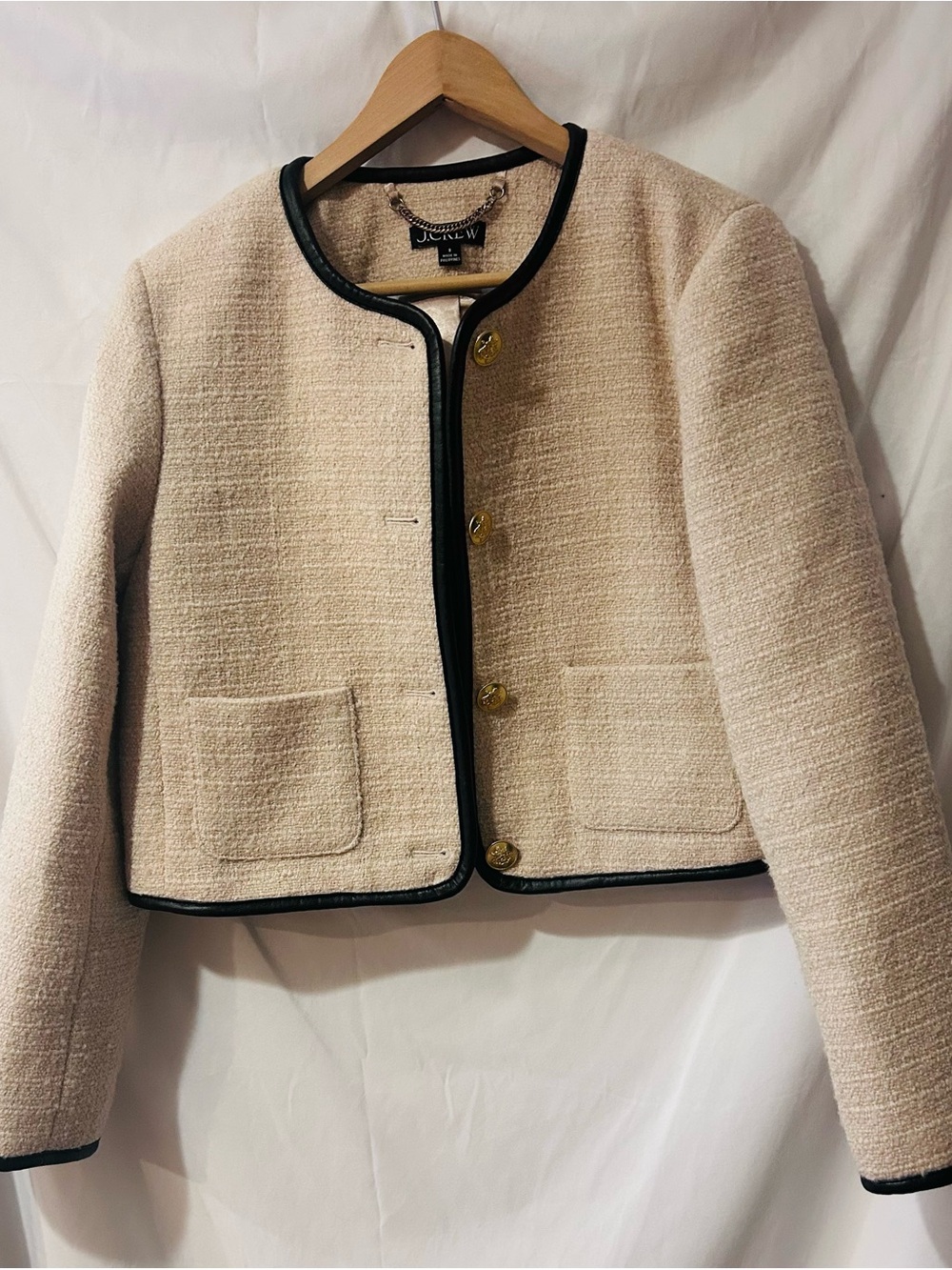 J. Crew Cream Bouclé Jacket with Black Trim and Gold Buttons